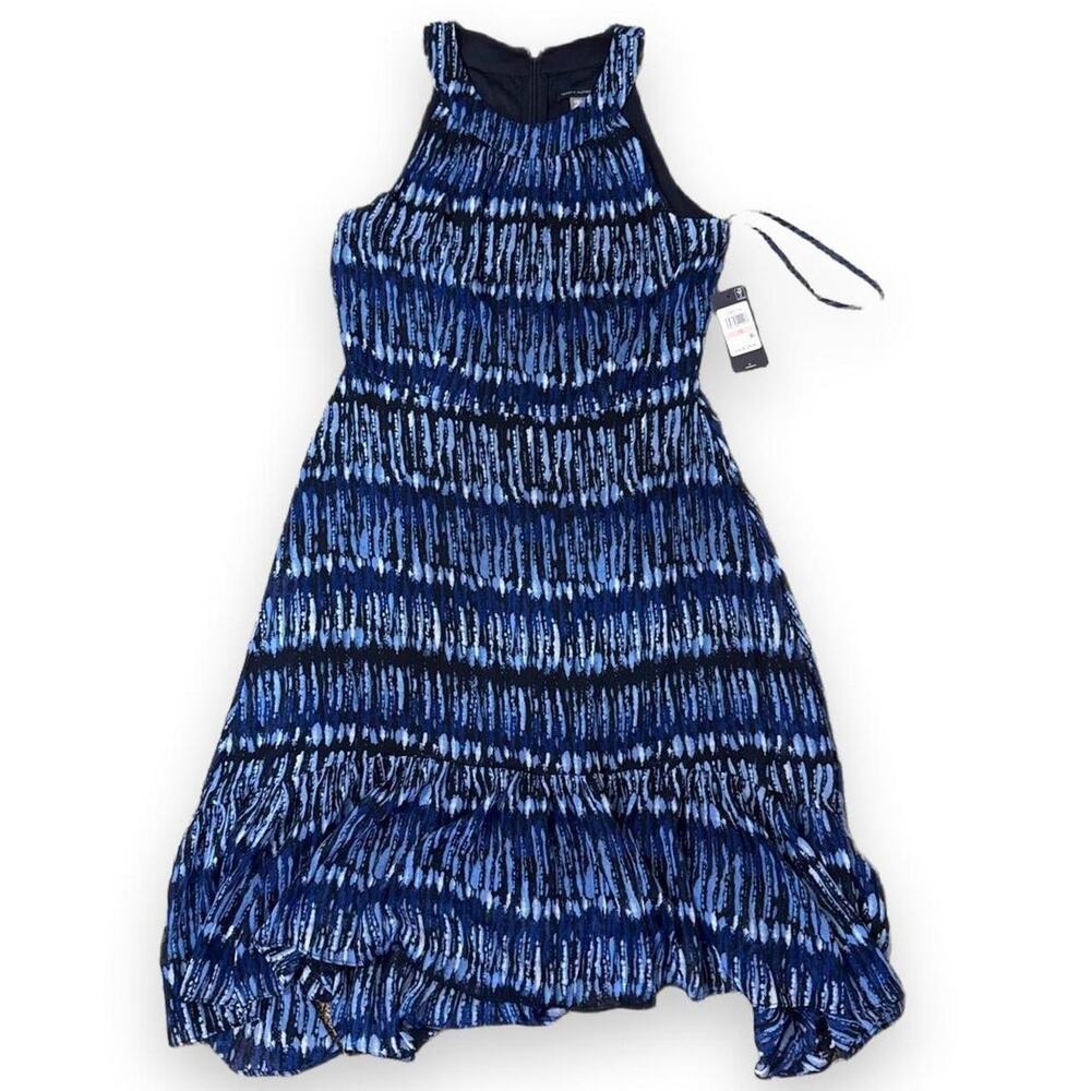 Tommy Hilfiger Dress Womens 10 Blue Abstract Chiffon Pleated High Low Lined NWT